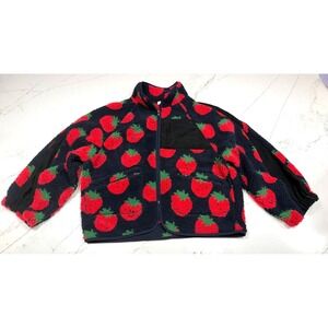 Women's Strawberry Print Fleece Jacket Full Zip Mock Neck Size M